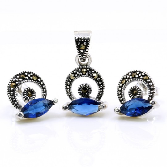 Hazel set with marcasite, earrings, pendant, silver 925, navy blue