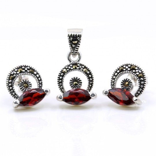 Hazel set with marcasite, earrings, pendant, silver 925, magma red