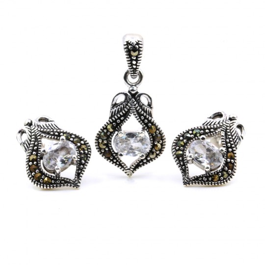 Lily set with marcasite, earrings, pendant, silver 925, transparent white