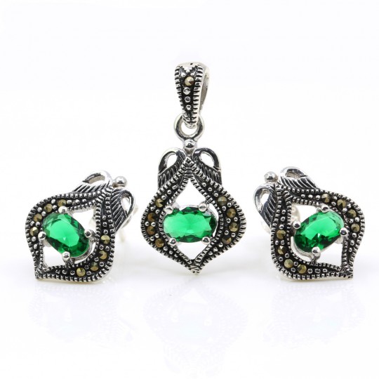 Lily set with marcasite, earrings, pendant, silver 925, emerald green