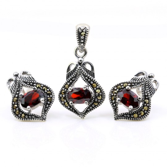 Lily set with marcasite, earrings, pendant, 925 silver, magma red