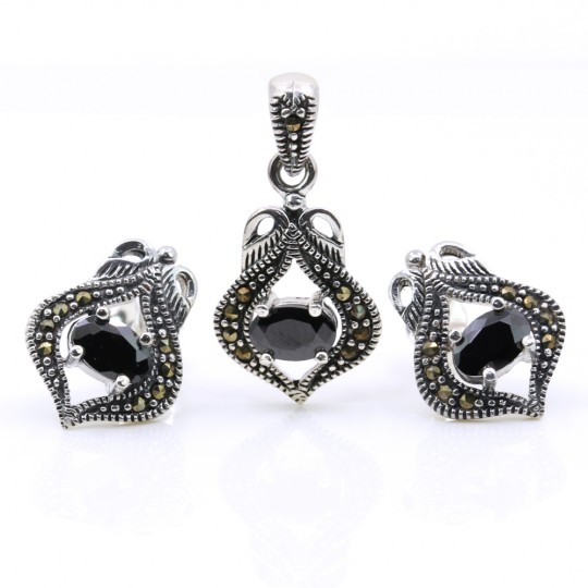 Lily set with marcasite, earrings, pendant, 925 silver, jet black