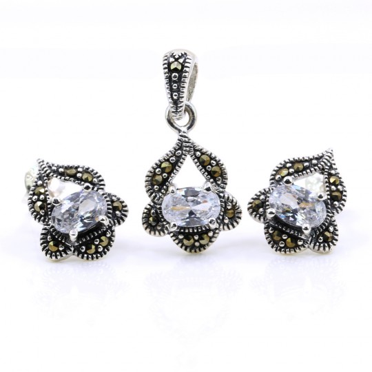 Gianna set with marcasite, earrings, pendant, 925 silver, transparent white