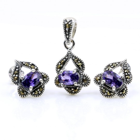 Gianna set with marcasite, earrings, pendant, 925 silver, purple