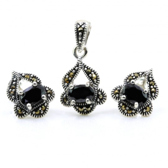 Gianna set with marcasite, earrings, pendant, 925 silver, jet black