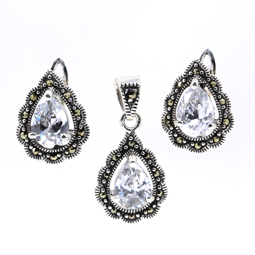 Picatura set with marcasite, earrings, pendant, 925 silver, transparent white