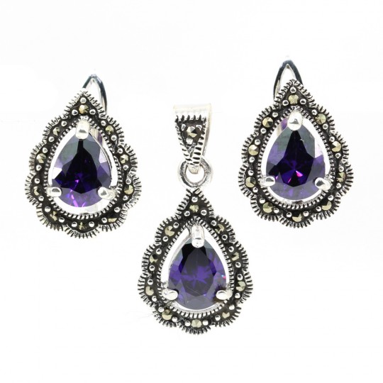 Picatura set with marcasite, earrings, pendant, 925 silver, purple