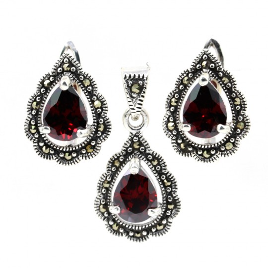 Set Drop with marcasite, earrings, pendant, silver 925, magma red