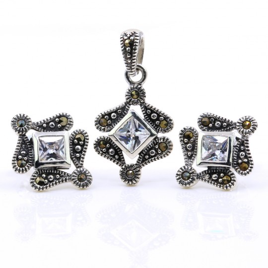 Set Rhombus with marcasite, earrings, pendant, silver 925, transparent white