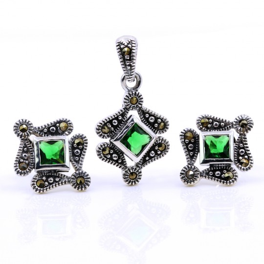 Set Rhombus with marcasite, earrings, pendant, silver 925, emerald green