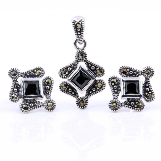 Set Rhombus with marcasite, earrings, pendant, silver 925, jet black