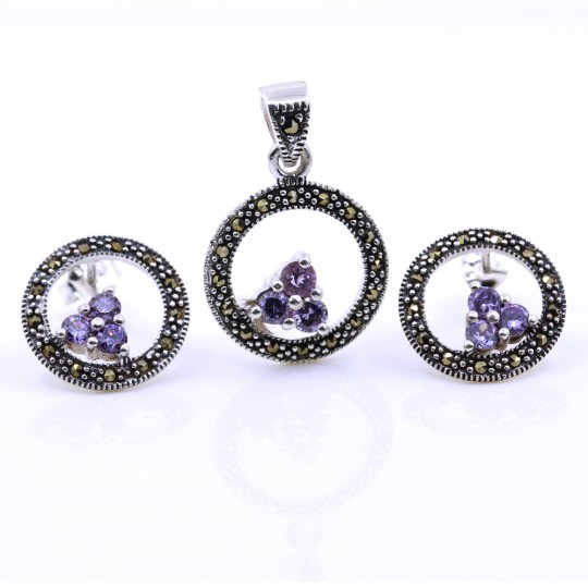 Set Aria with marcasite, earrings, pendant, silver 925, purple