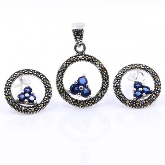 Set Aria with marcasite, earrings, pendant, silver 925, navy blue