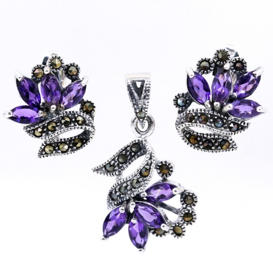 Set Nora with marcasite, earrings, pendant, silver 925, purple