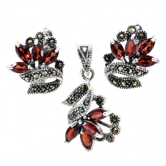 Set Nora with marcasite, earrings, pendant, silver 925, magma red