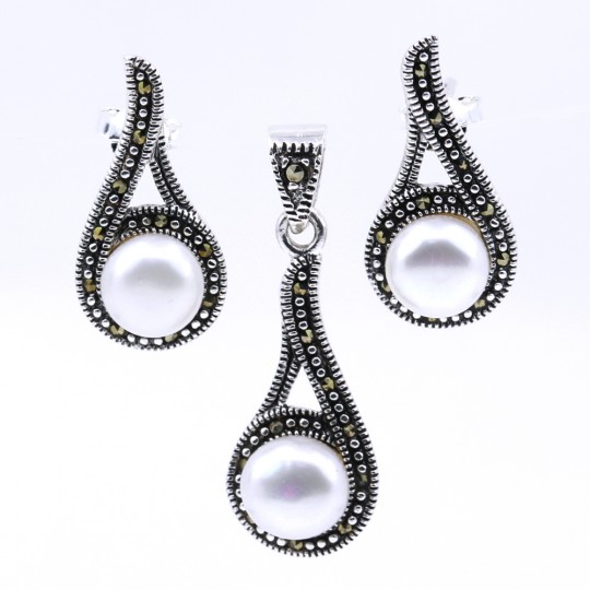 Drop set with cultured pearl and marcasite, earrings, pendant, silver 925