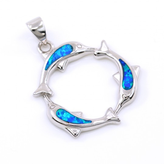 Pandantiv Delfini jucausi  cu Blue Opal, argint 925 rodiat, 16.5mm