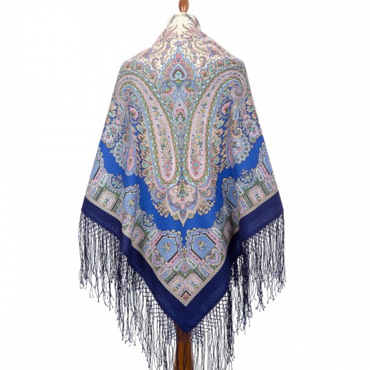 Premium shawl Eastern tale, wool, bleumarin - 148x148cm