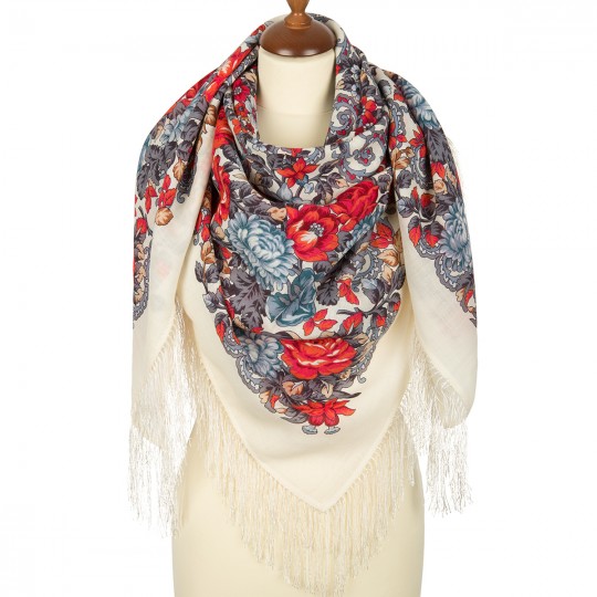 Premium shawl The Tired Sun, wool, ivory - 125x125cm